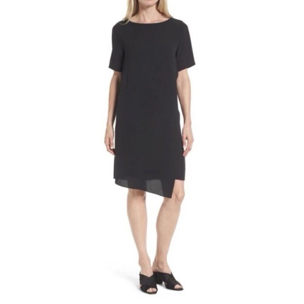 EILEEN FISHER Black Georgette Crepe Silk Asymmetric Shift Dress Petite Med SS